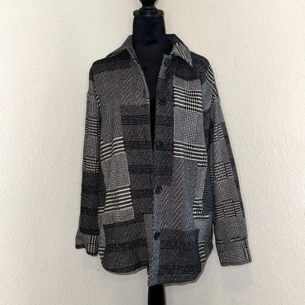 J.Jill Light Jacket Women's Small Black Gray Plaid Button Up Academia Classic